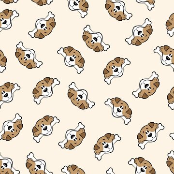 Seamless pattern of cartoon dog heads with a bone in their mouth. Puppy print. Vector stock image