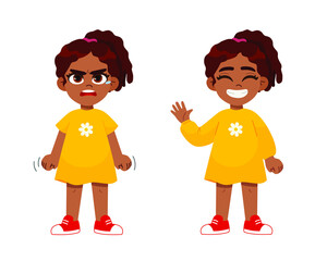child emotions set. a very angry girl standing in a pose, and Cute happy kid girl raising and waving hands greeting. vector character Illustration.
