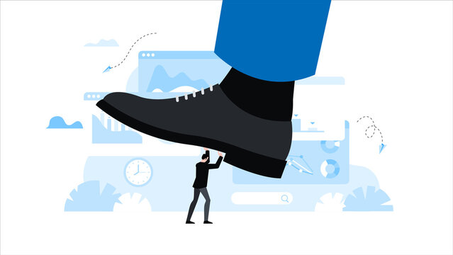 Giant foot trying to tramp man. Man resists pressure. Animation ready duik friendly vector. Conceptual business story. Financial crisis, economic recession, bankruptcy, overcoming, protection.