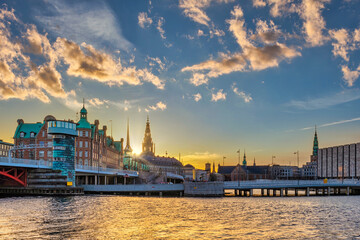 Copenhagen Denmark, sunset  city skyline at Harbour