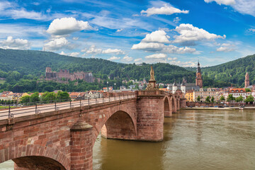 Heidelberg Germany, city skyline at Heidelberg Palace and Neckar river with old bridge - obrazy, fototapety, plakaty