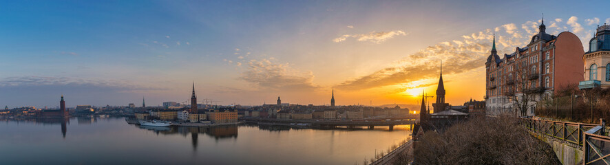 Stockholm Sweden, sunrise panorama city skyline at City Hall Gamla Stan and Slussen