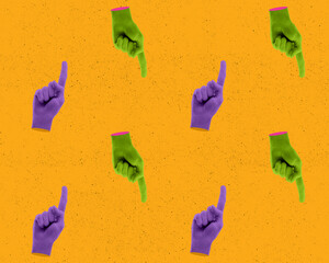 Modern art collage in pop-art style. Contemporary minimalistic artwork in neon bold colors with hands with raised index fingers. Psychedelic design pattern.