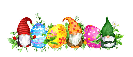 Decorated Easter eggs, scandinavian gnomes in floral border with green grass. Watercolor frame for holiday card - 497465557