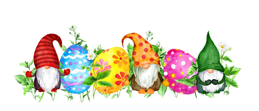 Decorated Easter eggs, scandinavian gnomes in floral border with green grass. Watercolor frame for holiday card