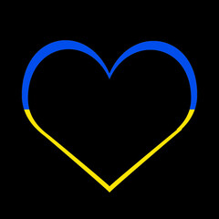 Illustration of a contour heart in the colors of the flag of Ukraine on a black background. No war in Ukraine. We pray for Ukraine.
