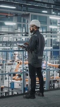 Vertical Footage of Car Factory Engineer in Work Uniform Using Tablet Computer. Automotive Industry 4.0 Manufacturing Facility Working on Vehicle Production. Automated Assembly Plant.