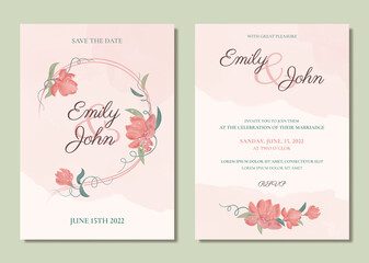 Watercolor wedding invitation template in rustic style with wreath of blooming magnolia in blush color. Vector set floral wedding invitation card