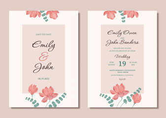 Wedding invitation in style rustic. Watercolor template frame with blooming blush-colored magnolia and eucalyptus branches. Vector set floral wedding invitation card