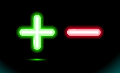 Plus and minus green, red glowing neon icon. Vector illustration.