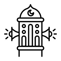 muezzin or manara vector line icon Design, Ramazan and Eid al-Fitr Symbol, Islamic and Muslims fasting Sign, Arabic holidays celebration stock illustration, speakers on top of a mosque minaret Concept