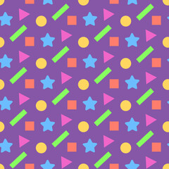 Geometric pattern with colorful triangles, rectangles, ellipses, squares, stars. Seamless texture. Vector illustration. Flat design for textile