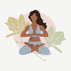 Woman meditating in lotus pose among flowers. Vector flat illustration in Pastel shades for yoga, meditation, relaxation, healthy lifestyle.