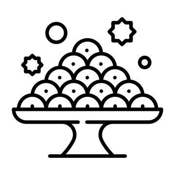 Mix Sweets or Dessert in Tray vector line icon Design, Ramazan and Eid al-Fitr Symbol, Islamic and Muslims fasting Sign, Arabic holidays celebration stock illustration, Knafeh or Logaimat Concept,
