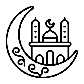 Moon Sighting Vector Line Icon Design, Ramazan And Eid Al-Fitr Symbol, Islamic And Muslims Fasting Sign, Arabic Holidays Celebration Stock Illustration, Crescent Moon On Top Of Mosque Concept, 