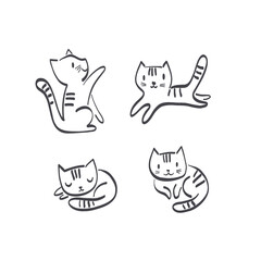 Cute cat in different poses play run sleep sit doodle illustration set isolated on white. Childish felt pen hand drawn kitten colouring page design.