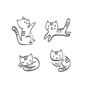 Cute cat in different poses play run sleep sit doodle illustration set isolated on white. Childish felt pen hand drawn kitten colouring page design.