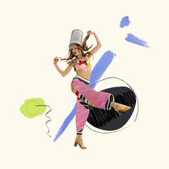 Conceptual image. Young stylish girl wearing colorful cloth made from artificial material emphasizing importance of nature safety