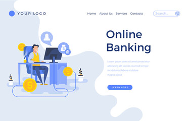 Landing page template online banking concept with office male character. Modern flat design web page for website and mobile apps. Vector illustration