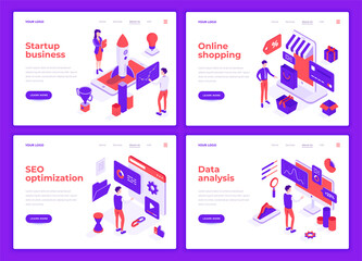 Business people characters interact with icons. Landing page templates. 3d isometric vector illustrations set.