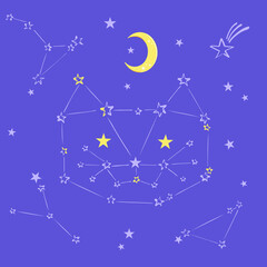 Fototapeta na wymiar Whimsical cat constellation in starry night sky outer space vector illustration. Childish line art star kitten pyjamas party design cosmic poster.