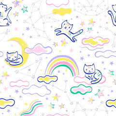 Cat among stars whimsy constellation sit on rainbow clouds sleep on half moon vector seamless pattern. Cosmic dreams background. Childish felt pen hand drawn blue contour cute kitten surface design.
