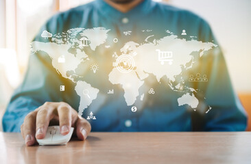 Businessman using conputer program analyzing sales data and economic growth graph chart, Technology and icon customer global network connection. Business strategy. Innovative. Digital marketing.