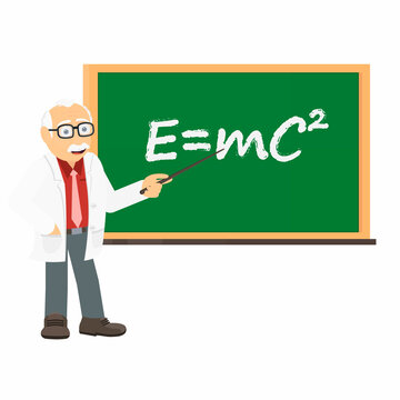 Professor. Animation of a scientist with a pointer representing Einstein's formula, alpha channel. Cartoon