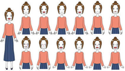 女性の笑顔など色んな表情のイラストセット