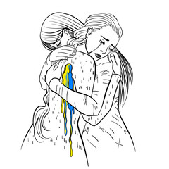 Two girls hugging Russia and Ukraine linear drawing silhouette