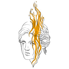 linear drawing silhouette aphrodite crying in fire plaster head print