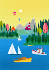 Landscape with blue sea, white sailboat, small colorful town, lighthouse and forest. - 497468977