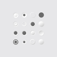 Neumorphic round buttons. White geometric circle shapes in a trendy soft 3D style with shadow. Web elements geometry modern neumorphism trend design. Minimalism vector design.