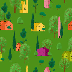 Seamless pattern with bright small town. Color houses and trees on a bright green background.