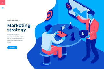 Marketing strategy isometric vector illustration for landing page header template or web banner with copy space for text. Businessmans characters interact with chess and megaphone.