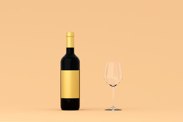 Bottle of red wine with label and a glass goblet in photo-realistic style on a clear orange background. 3d realism illustration