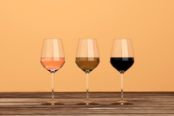 Set transparent 3d wine glasses empty, white, rose and red wine. 3d illustration in photo-realistic style.