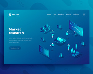 Market research office people characters and interact with computers landing page or banner template. 3d isometric vector illustration.