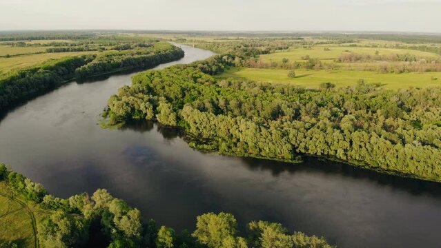 Desna river aerial landscape. Sunny day with clear sky