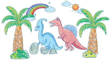 Coloured hand drawn dinosaurs group