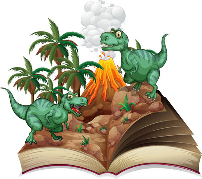 Storybook with two tyrannosaurus rex by volcano