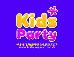 Vector event flyer Kids Party with decorative Flower. Cute bright Font. Bright Alphabet Letters, Numbers and Symbols set