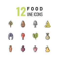 Set of 12 simple food line icons for mobile app about healthy food. Flat vector outline meat, fruits and vegetables isolated on white background.