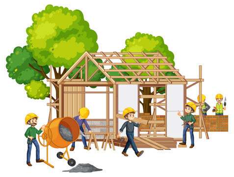 House construction site with cartoon workers