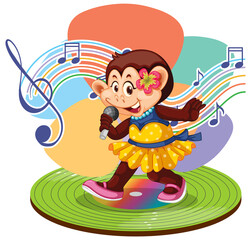 Naklejka premium Singer monkey cartoon with music melody symbols