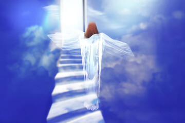 Resurrection of Jesus Christ with stairway to Heaven. Religious background. 3D render illustration.
