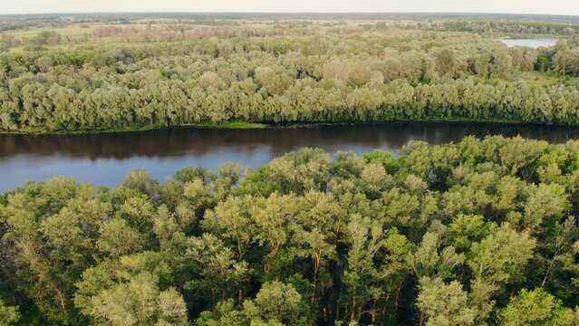 Desna river aerial landscape. Sunny day with clear sky