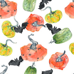 Seamless pattern with Halloween elements, pumpkins, bats on a white background. All elements are hand-drawn in watercolor.