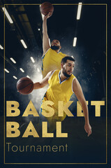 Poster with young sportsman, basketball player playing basketball isolated on dark background in...