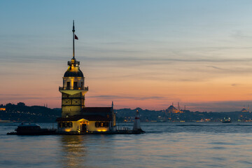 Istanbul, view of the Maiden's Tower on sunset , Turkey